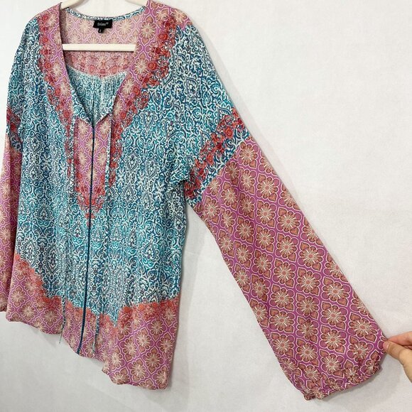 Tolani Blue Pink Mandala Print Top Peasant Silk Puff Sleeve Boho - Size Large - Picture 3 of 8